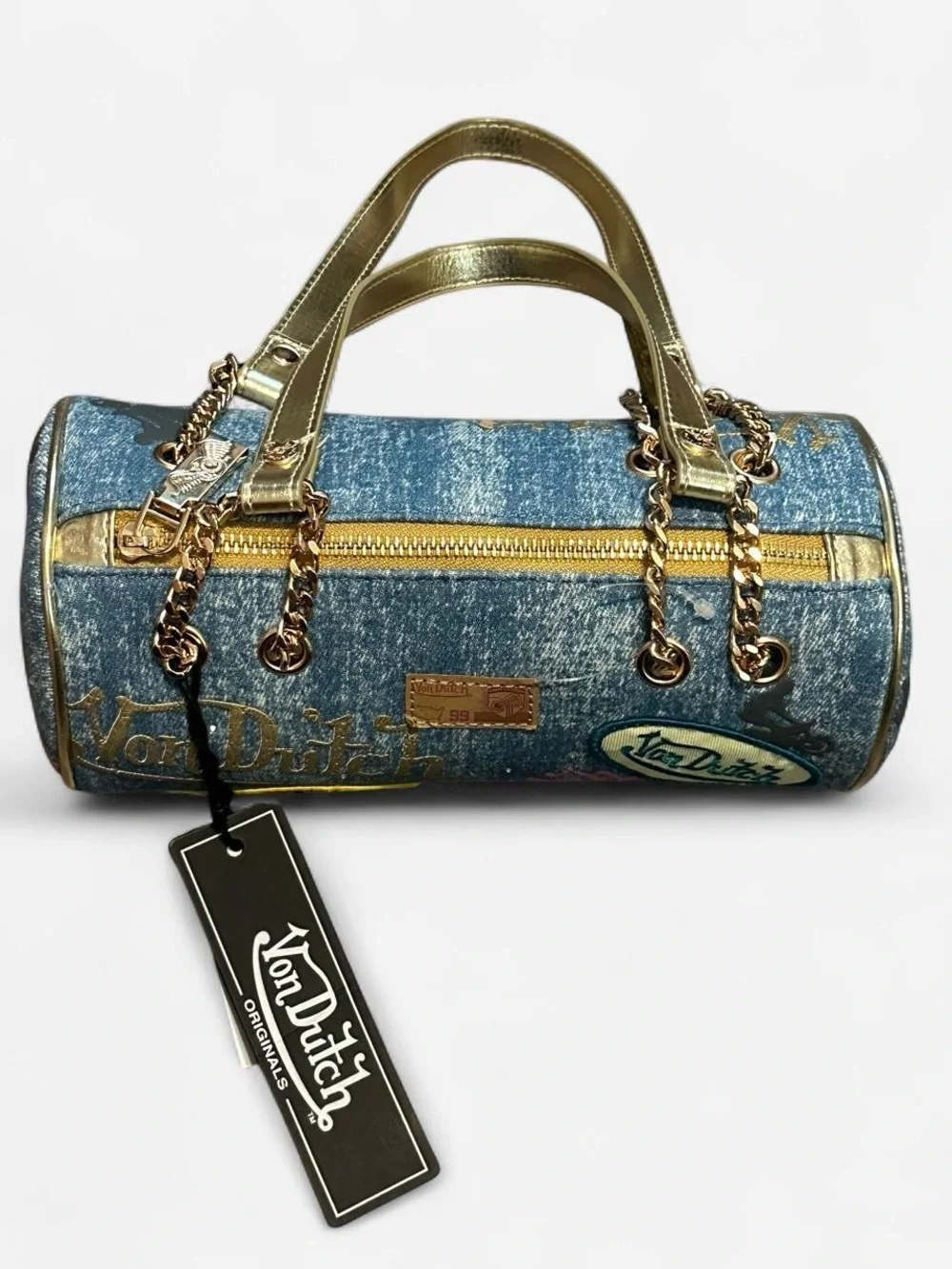 Von Dutch Blue Denim Barrel Bag with Gold Handles and Colorful Patches